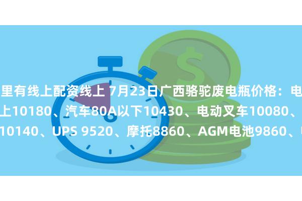 哪里有线上配资线上 7月23日广西骆驼废电瓶价格：电动10110、汽车80A以上10180、汽车80A以下10430、电动叉车10080、电轿9910、牵引10140、UPS 9520、摩托8860、AGM电池9860、电子秤6920、EFB10390。（单位：元/吨）（含3%增值税）
